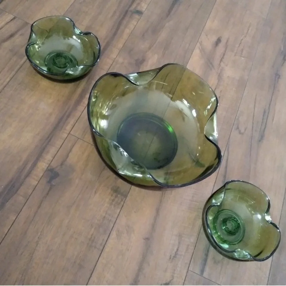 Vintage Viking Glass Olive Green‎ Swung Console Bowl and Candle Holder Set MCM